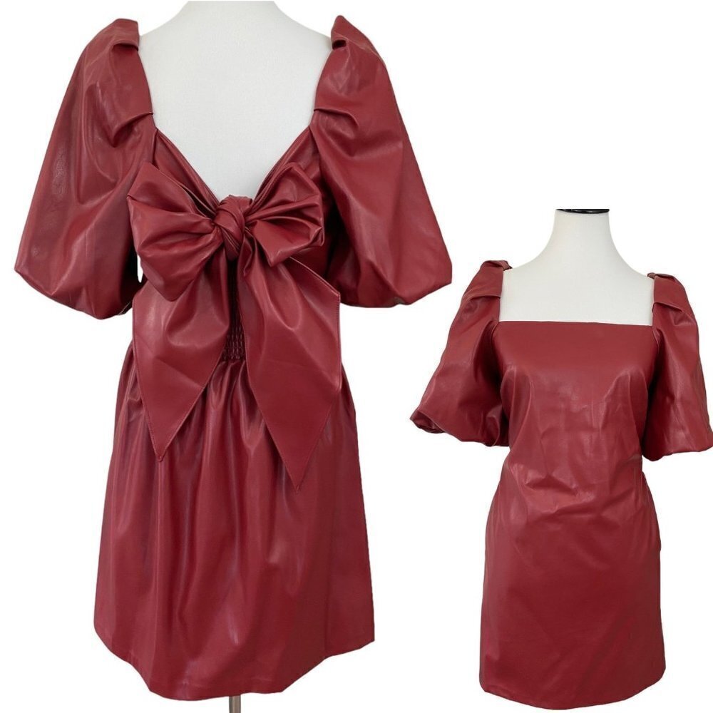 Mare Mare x Anthropologie Red Faux Leather Puff Sleeve Bow Back Dress Medium